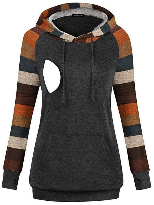 Seindeal Patchwork Breast Feeding Hooded Maternity Pullover Sweatshirt