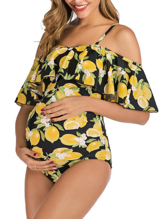 Seindeal Lemon print Ruffle Spaghetti Strap One Piece Maternity Swimwear Beach