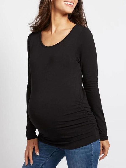 Momnfangcy Solid Color Round Neck Long Sleeve Maternity T-shirt