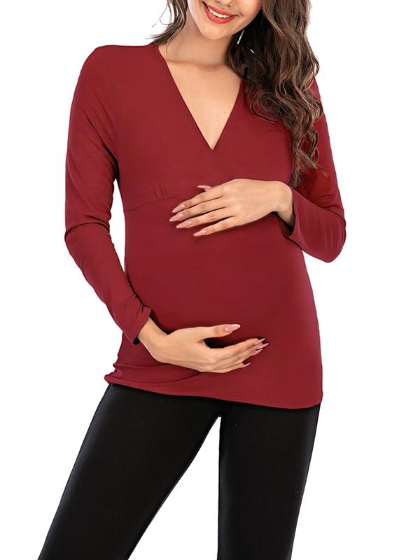 Seindeal Solid Color V-neck Long Sleeve Maternity Nursing T-Shirt