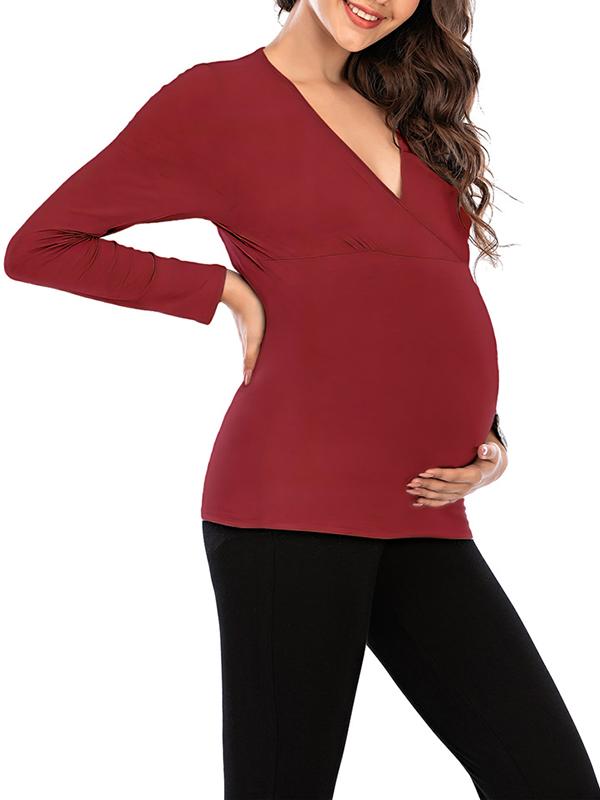 Seindeal Solid Color V-neck Long Sleeve Maternity Nursing T-Shirt