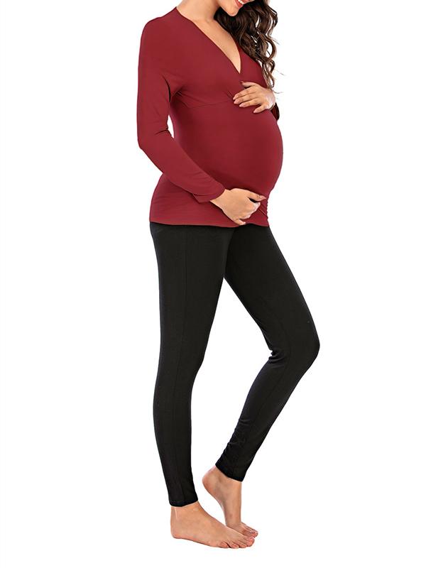 Seindeal Solid Color V-neck Long Sleeve Maternity Nursing T-Shirt