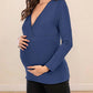 Seindeal Solid Color V-neck Long Sleeve Maternity Nursing T-Shirt