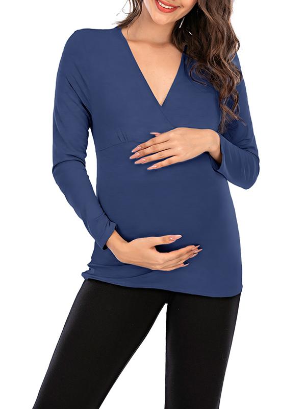 Seindeal Solid Color V-neck Long Sleeve Maternity Nursing T-Shirt