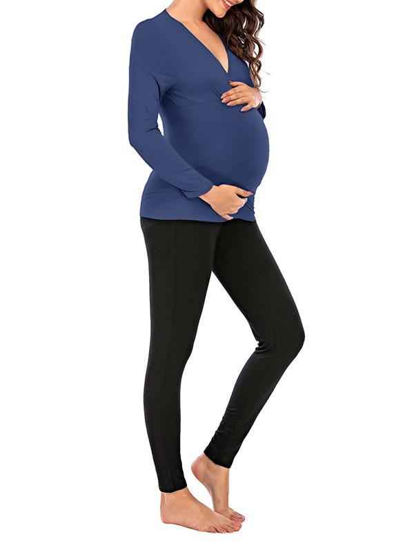 Seindeal Solid Color V-neck Long Sleeve Maternity Nursing T-Shirt