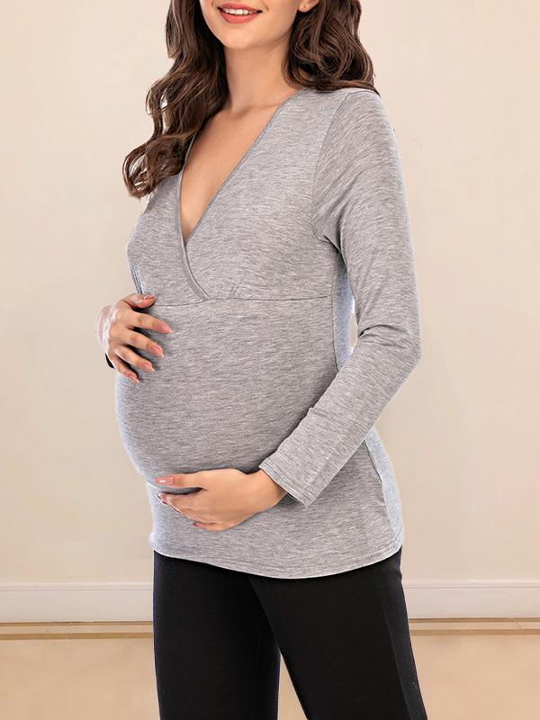 Seindeal Solid Color V-neck Long Sleeve Maternity Nursing T-Shirt