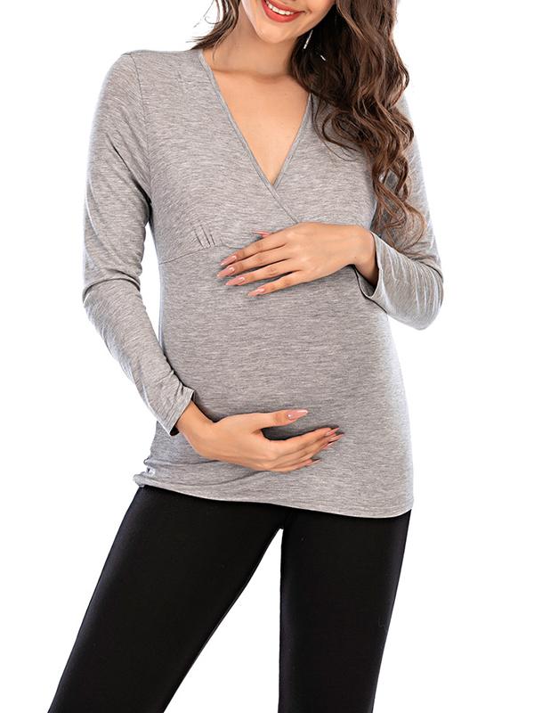 Seindeal Solid Color V-neck Long Sleeve Maternity Nursing T-Shirt