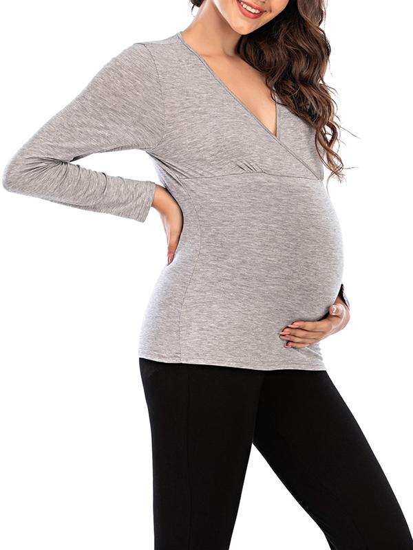 Seindeal Solid Color V-neck Long Sleeve Maternity Nursing T-Shirt