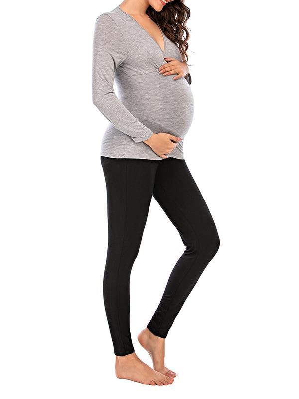 Seindeal Solid Color V-neck Long Sleeve Maternity Nursing T-Shirt