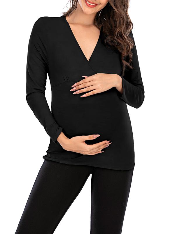 Seindeal Solid Color V-neck Long Sleeve Maternity Nursing T-Shirt