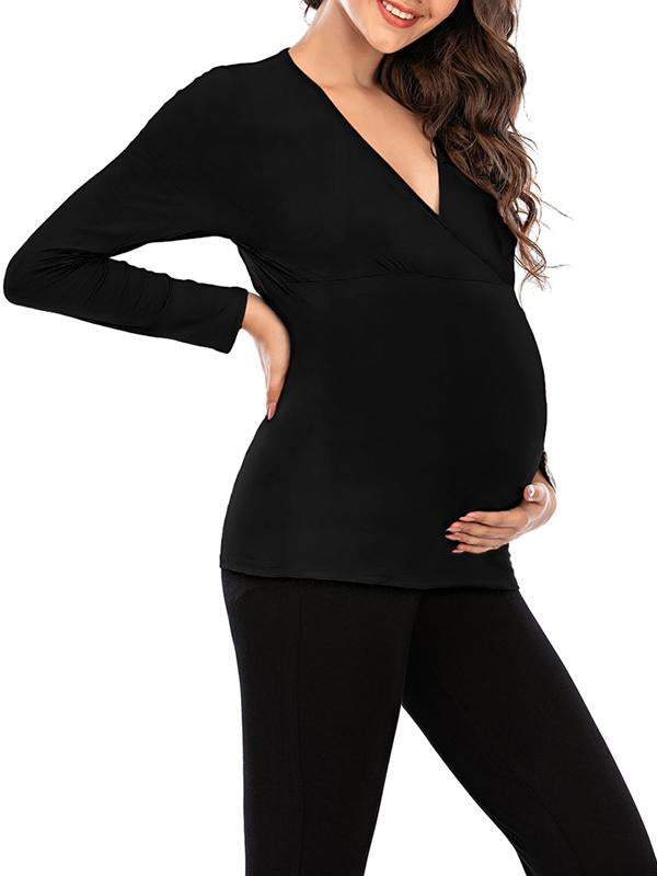 Seindeal Solid Color V-neck Long Sleeve Maternity Nursing T-Shirt