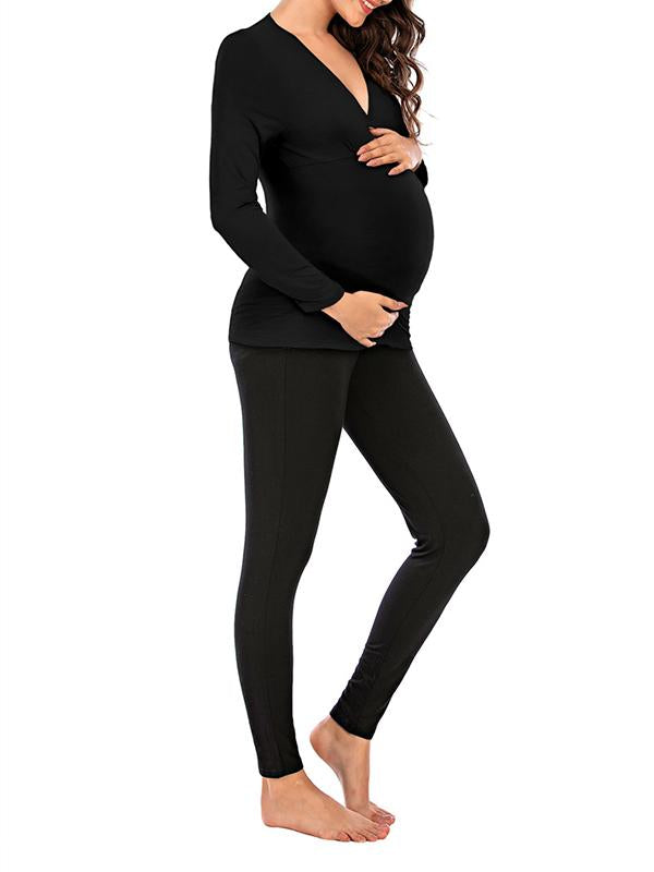 Seindeal Solid Color V-neck Long Sleeve Maternity Nursing T-Shirt