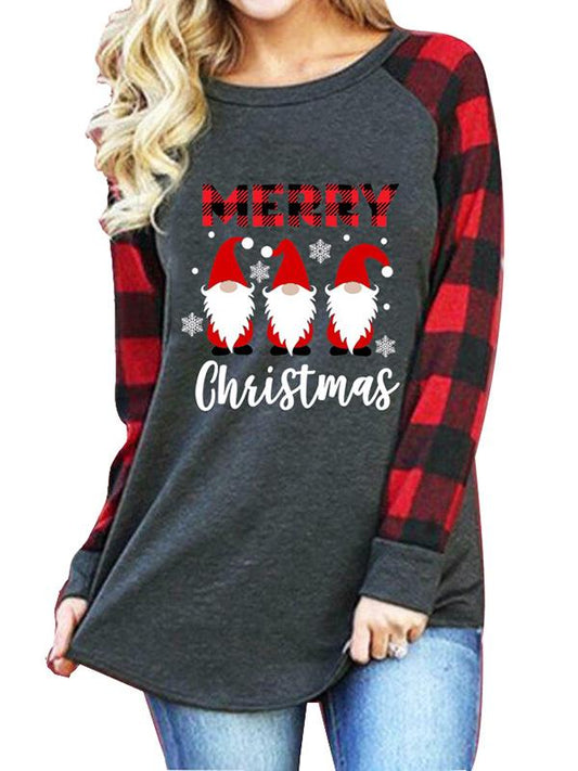 Plaid Letter Santa Claus Print Long SLeeve Christmas Maternity T-Shirt