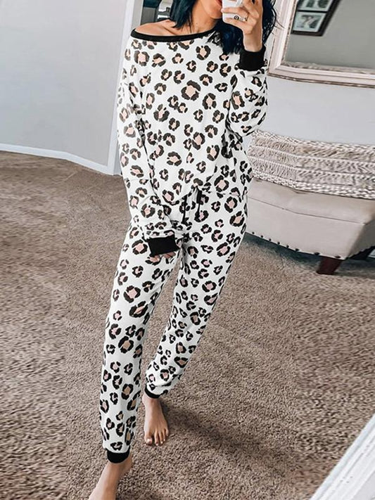 Leopard Off Shoulder Two Piece Long Sleeve Maternity Casual Pajama Set