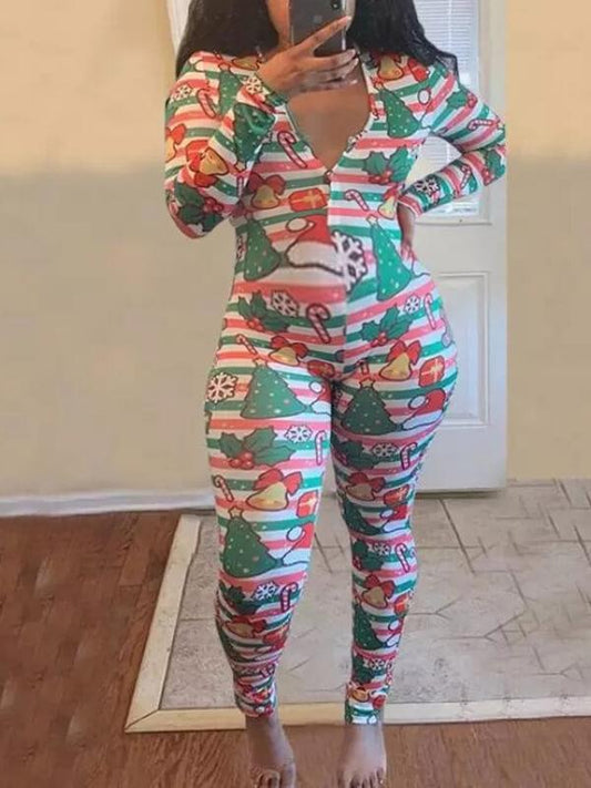 Christmas Print Striped V-Neck Long Jumpsuit Maternity Pajama Set