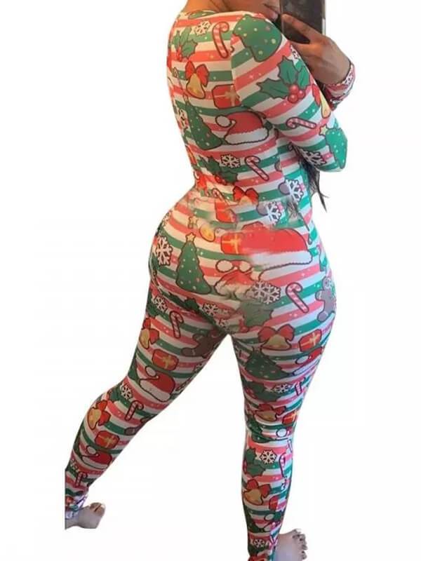 Christmas Print Striped V-Neck Long Jumpsuit Maternity Pajama Set