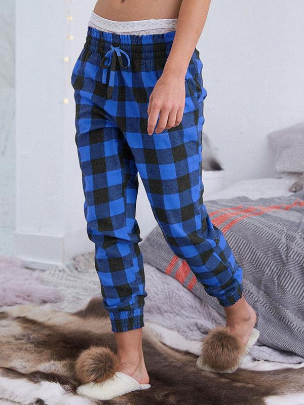 Seindeal Red-Black Plaid Drawstring Maternity Long Pajama Trousers Grid