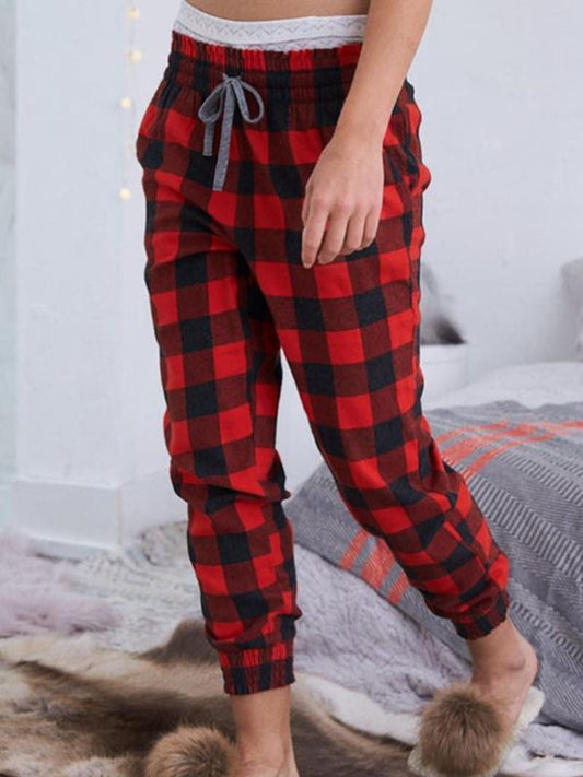 Seindeal Red-Black Plaid Drawstring Maternity Long Pajama Trousers Grid