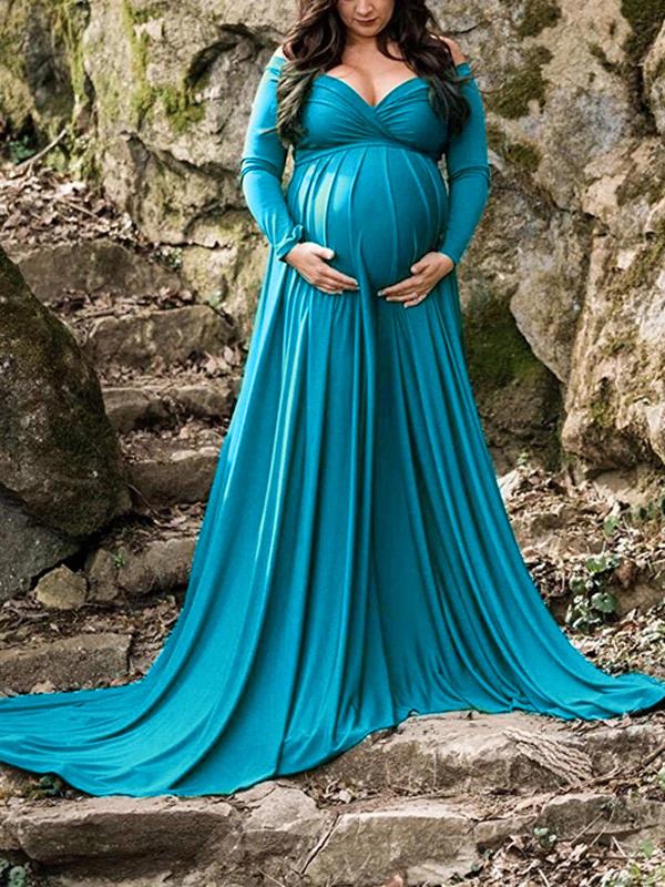 Off Shoulder Pleated Long Sleeve Babyshower Maternity Maxi Dress