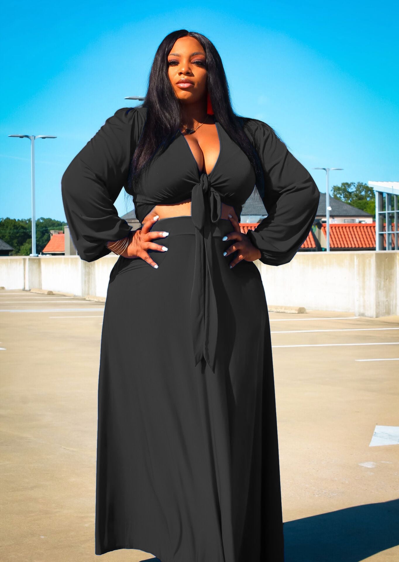 Plus Size Belt Long Sleeve Maternity Maxi Dress