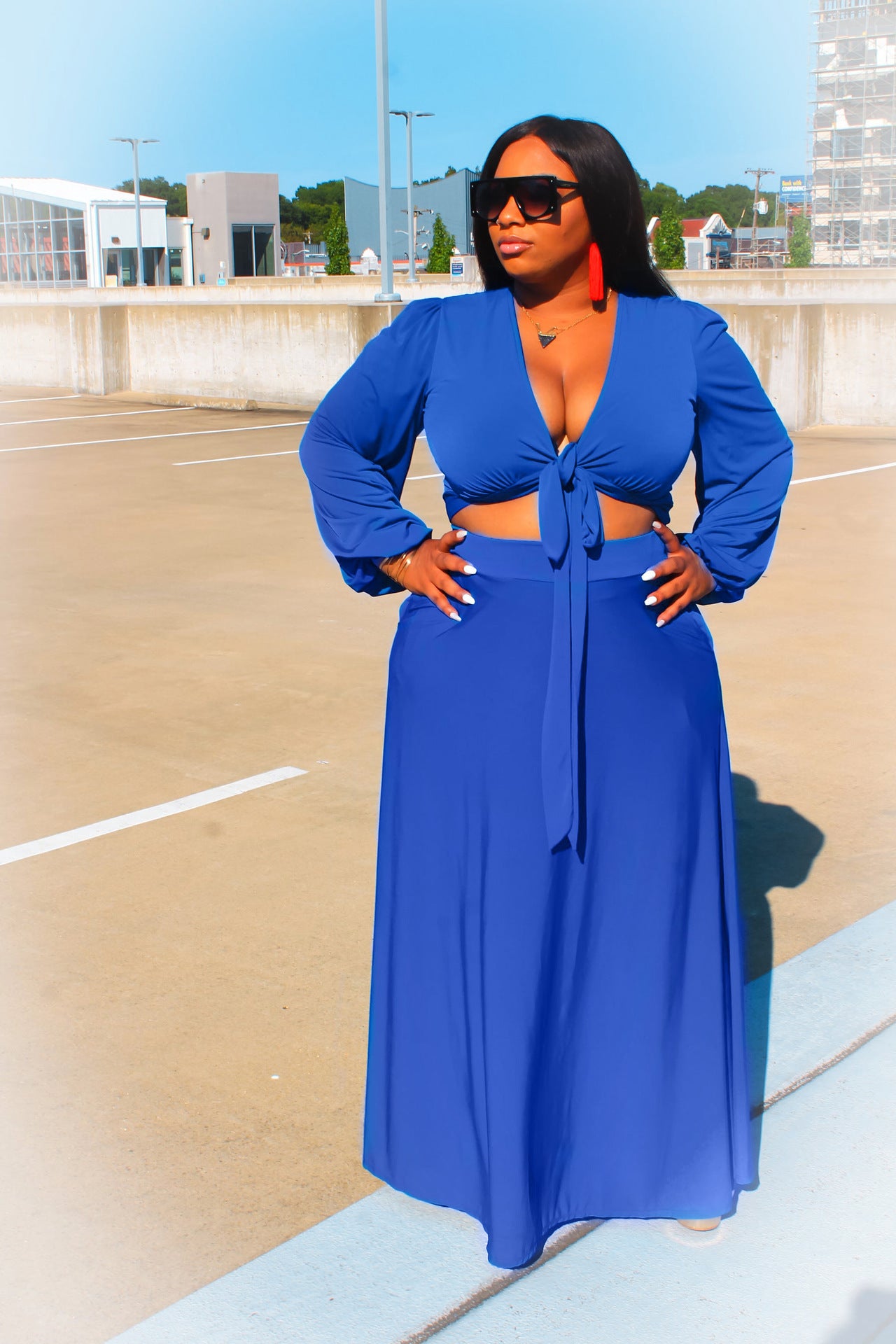 Plus Size Belt Long Sleeve Maternity Maxi Dress