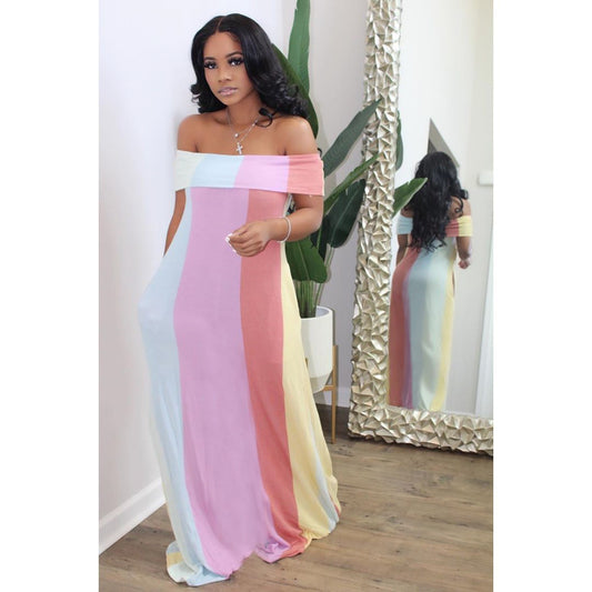 Offshoulder Striped Boat Neck Gender Reveal Maternity Maxi Dress