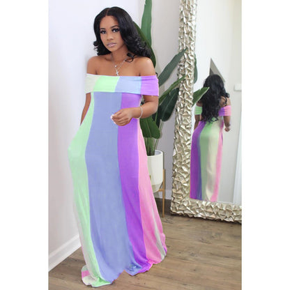 Offshoulder Striped Boat Neck Gender Reveal Maternity Maxi Dress