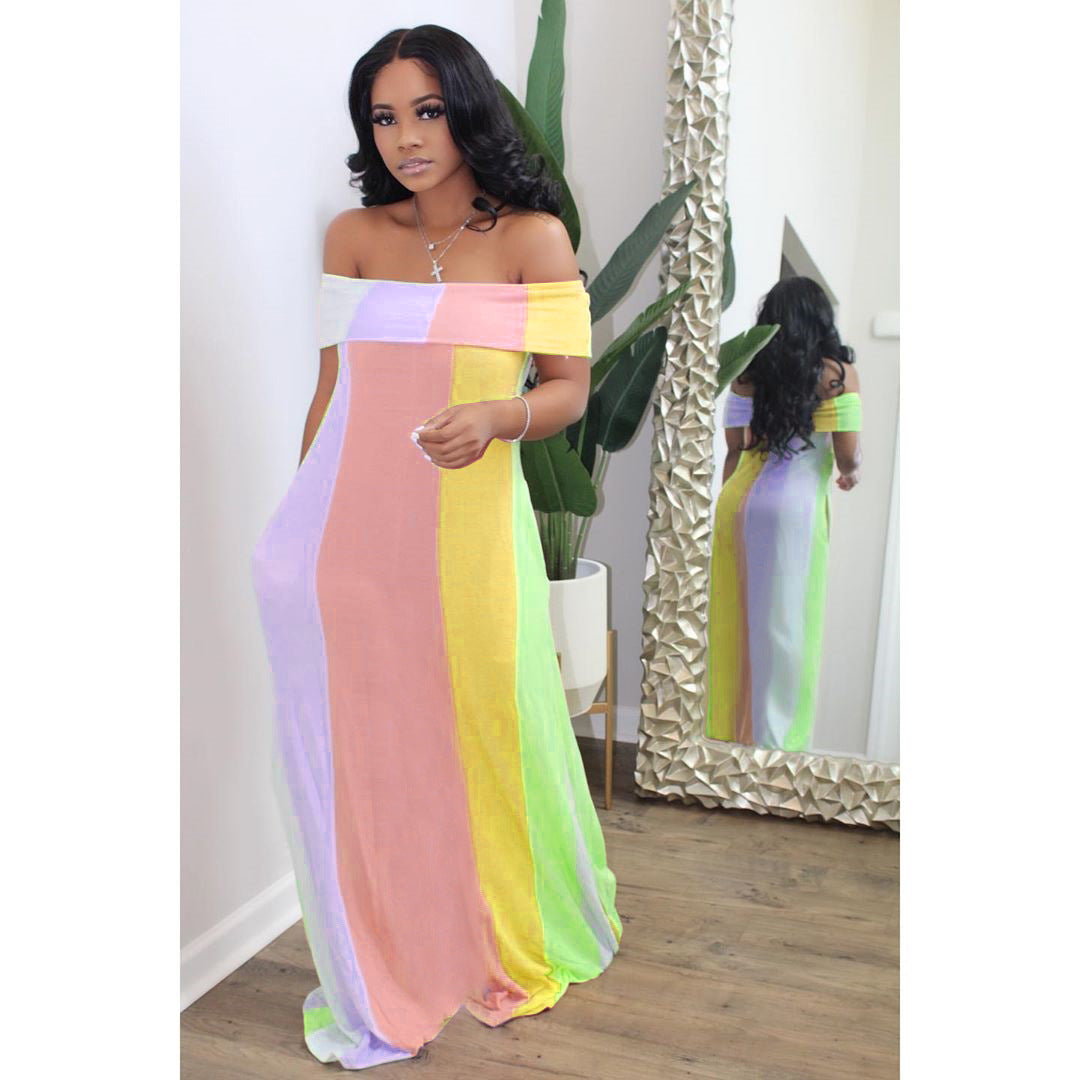 Offshoulder Striped Boat Neck Gender Reveal Maternity Maxi Dress