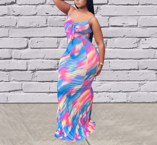 Spaghetti Strap Offshoulder Colorful Tie Dye Maternity Baby Shower Dress