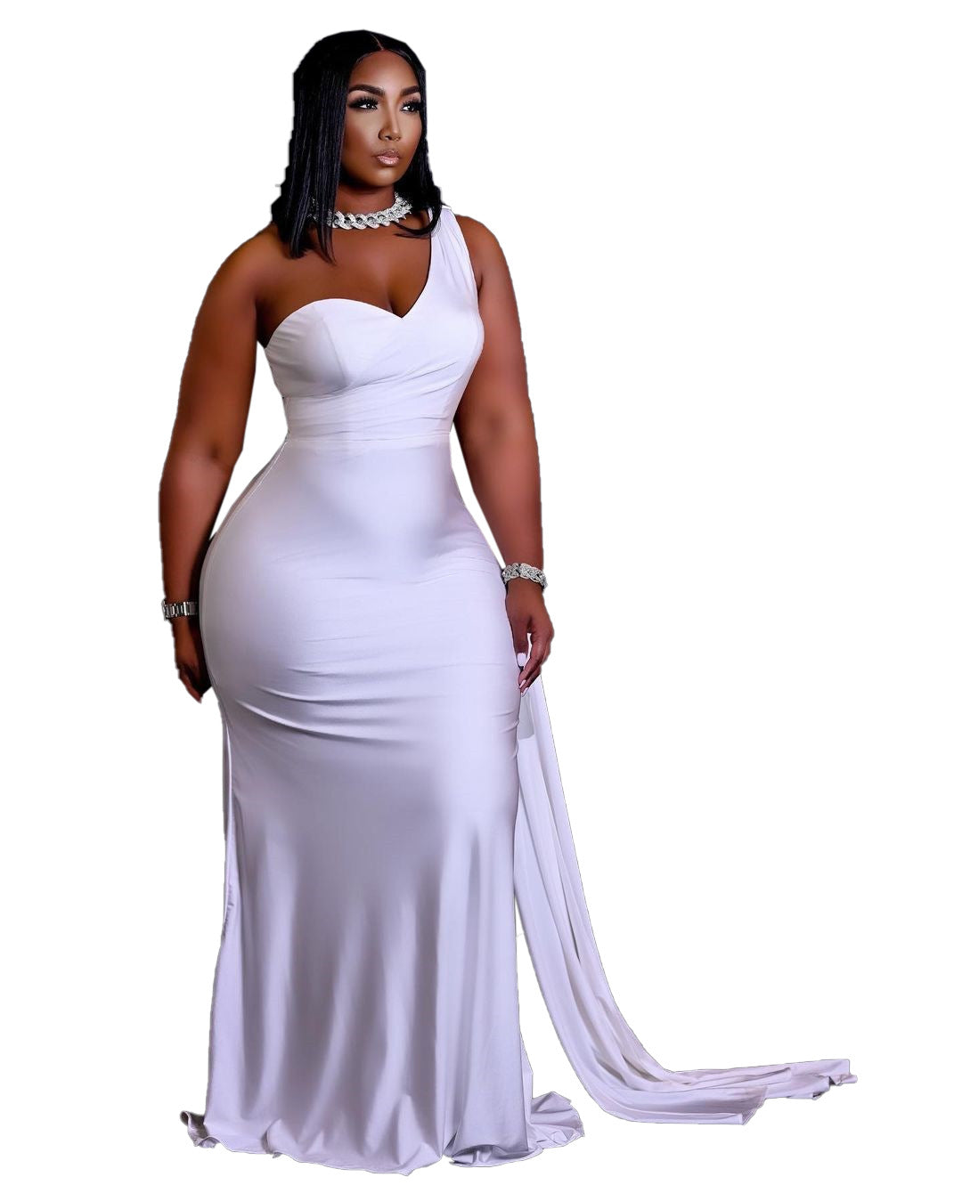 Plus Size Oneshoulder Irregular Big Swing Bodycon Maternity Baby Shower Dress White