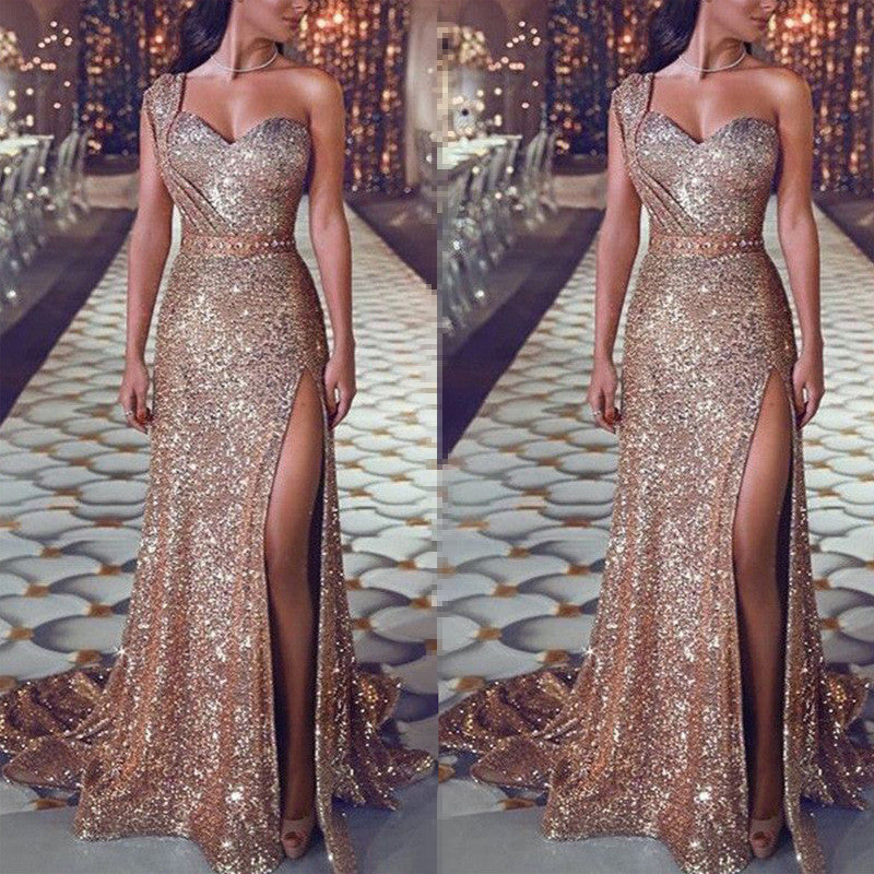 oneshoulder Side Slit Sequin Elegant Maternity Maxi Dress