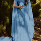 Patchwork Ruffle Off Shoulder Dacron Boat Neck Bell Sleeve Elegant Maxi Dress