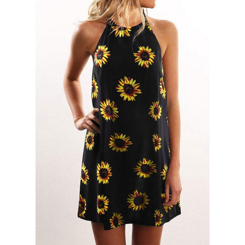 Sunflower Print Round Neck Sleeveless Halter Neck Maternity Mini Dress