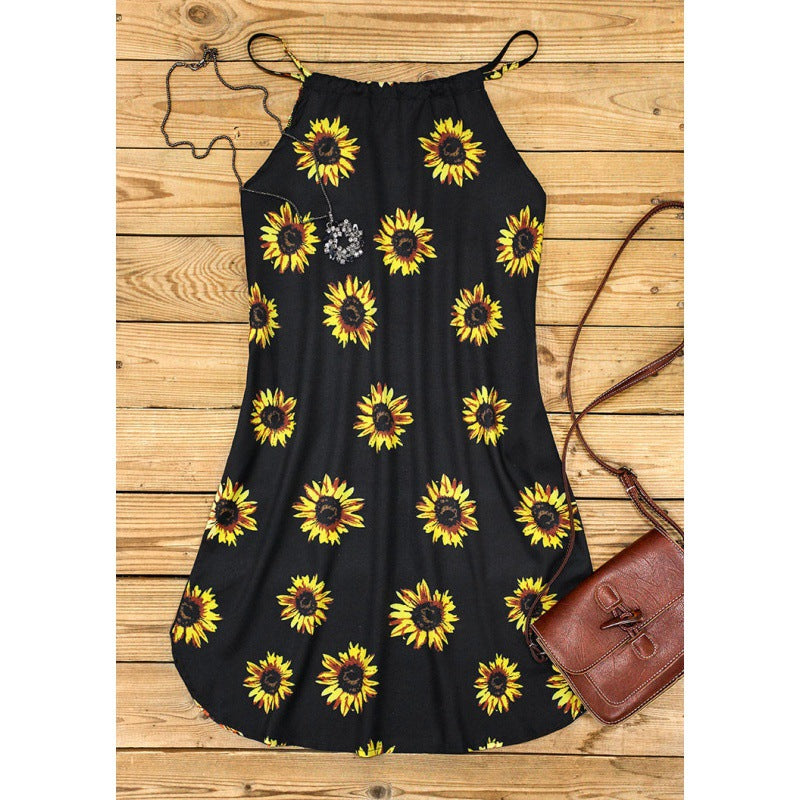 Sunflower Print Round Neck Sleeveless Halter Neck Maternity Mini Dress