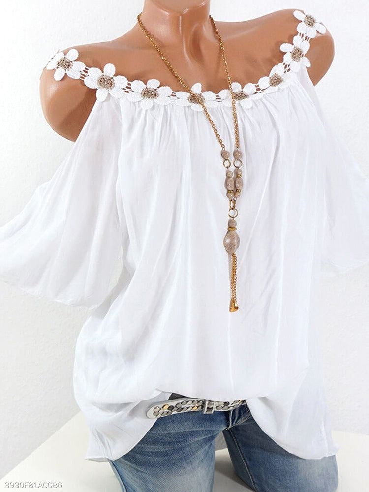 Lace Flowers Boat Neck Cup Sleeve OffShoulder Sweet Maternity Tshirt