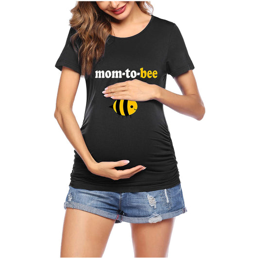 Bee Print Monogram Round Neck Short Sleeve Cute Maternity Tshirt