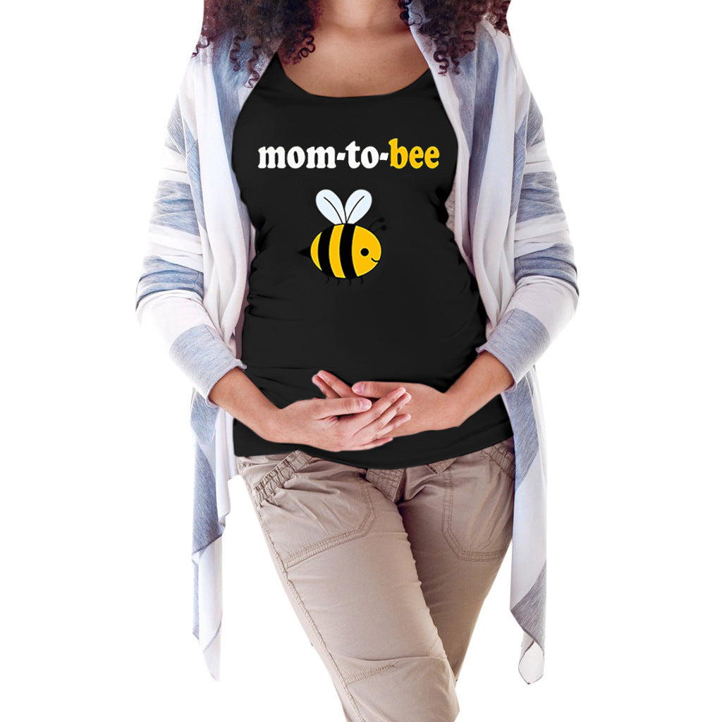 Bee Print Monogram Round Neck Short Sleeve Cute Maternity Tshirt