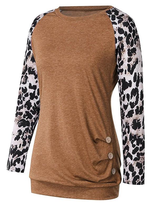 Buttons Leopard Round Collar Long Sleeve Fashion Maternity T-shirt