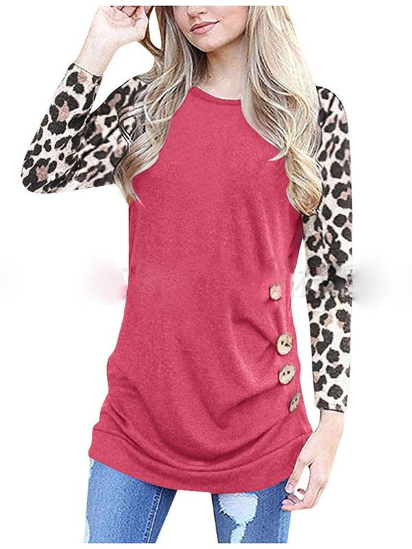 Buttons Leopard Round Collar Long Sleeve Fashion Maternity T-shirt