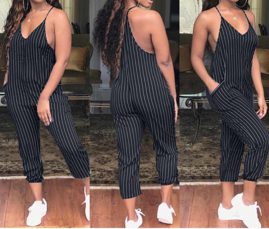 Spaghetti Strap Offshoulder Striped Pockets Plus SizeMaternity Jumpsuit