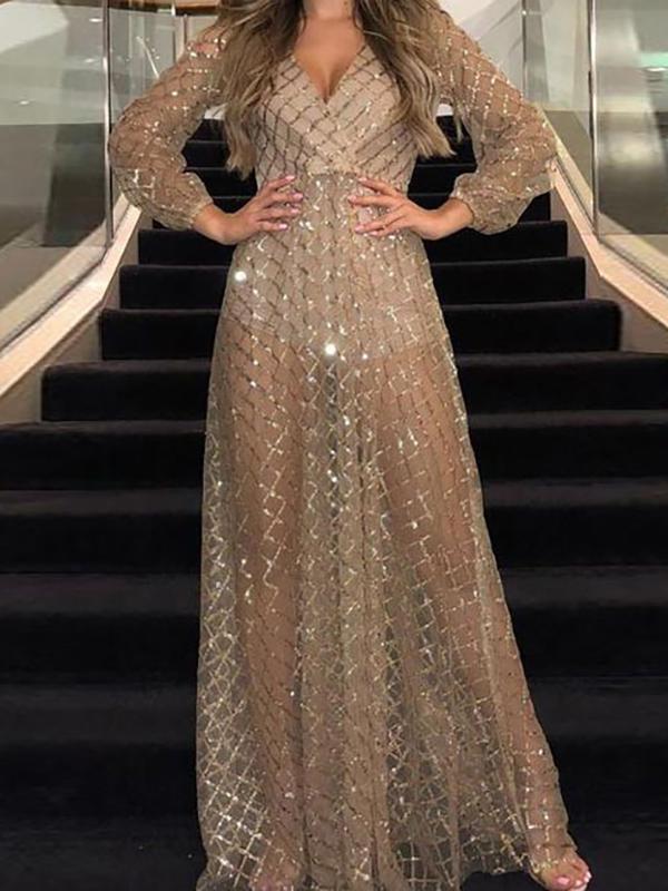 Patchwork Sequin Open Back Maternity V-neck Long Sleeve Fashion Maxi Dress