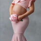 Seindeal Ruffle One Shoulder Cut Out Mermaid Two Piece  Maxi Maternity Dress for Baby Shower Pink Girls Baby