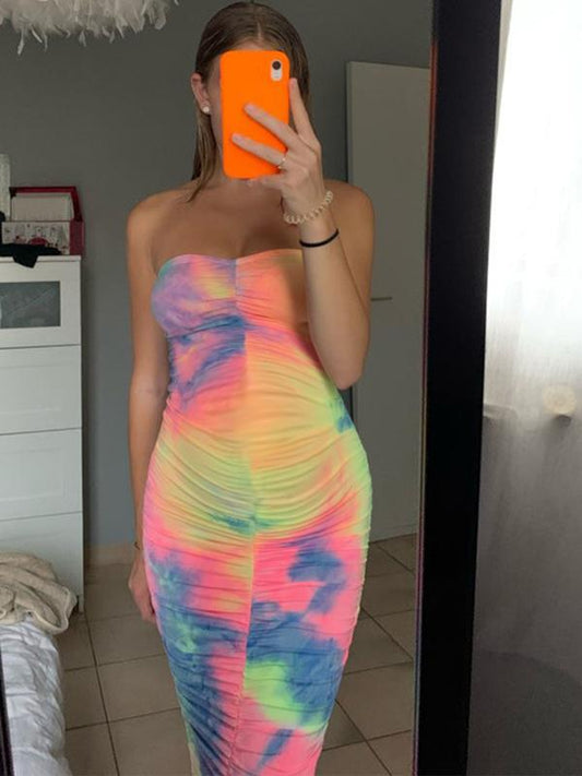 Tie Dye Bandeau Tube Top Dress Maternity Maxi Dress