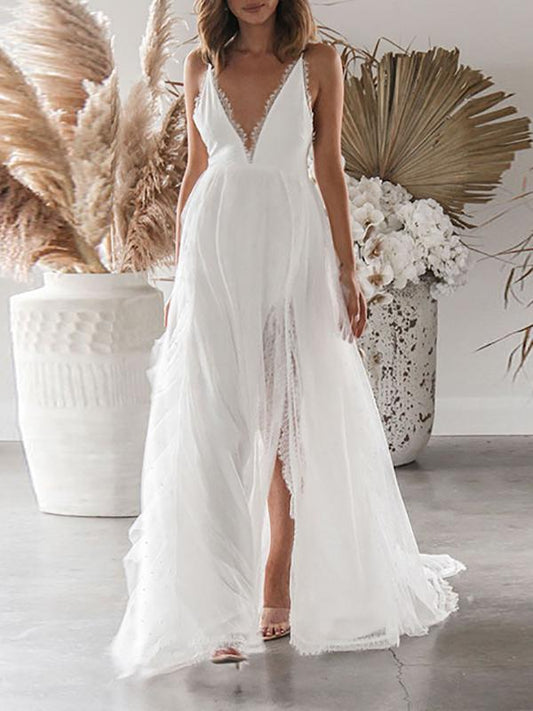 Solid Backless Grenadine Lace Flowy Floor Length Plunging Neckline White Maternity Dress