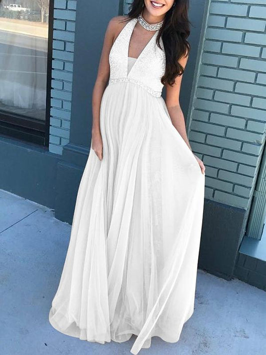 Solid Backless Grenadine Flowy Floor Length Plunging Neckline White Baby Shower Dress