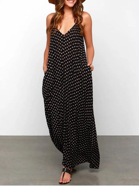 Polka Dot Backless Suspender Skirt Plus Size Floor Length V-neck Sleeveless Maternity Maxi Dress