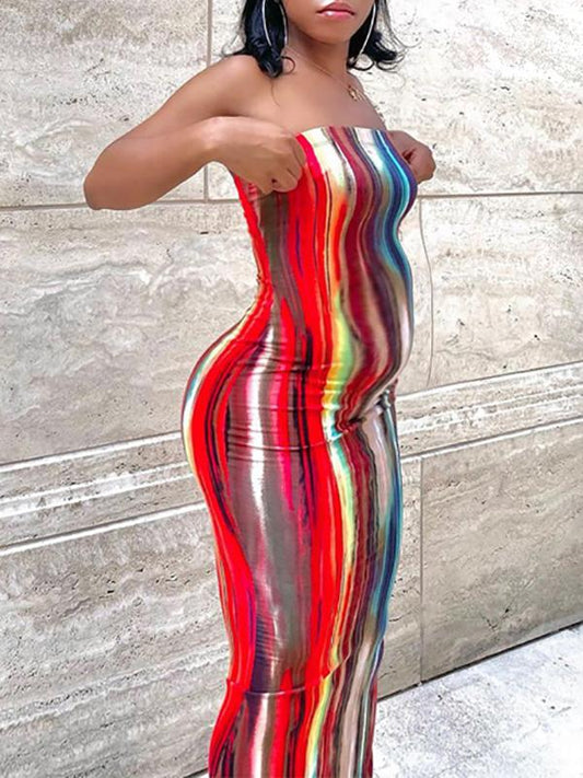 Striped Bandeau Maternity Sleeveless Fashion Maxi Dress