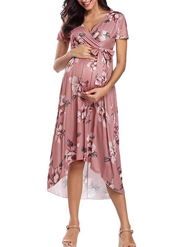 Floral Draped Belt Maternity V-neck Short Sleeve Elegant Midi Dress