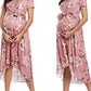 Floral Draped Belt Maternity V-neck Short Sleeve Elegant Midi Dress