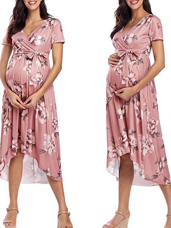 Floral Draped Belt Maternity V-neck Short Sleeve Elegant Midi Dress